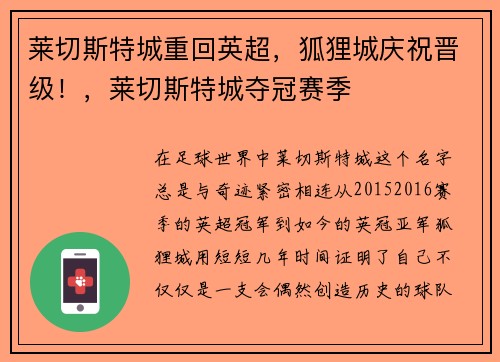 莱切斯特城重回英超，狐狸城庆祝晋级！，莱切斯特城夺冠赛季