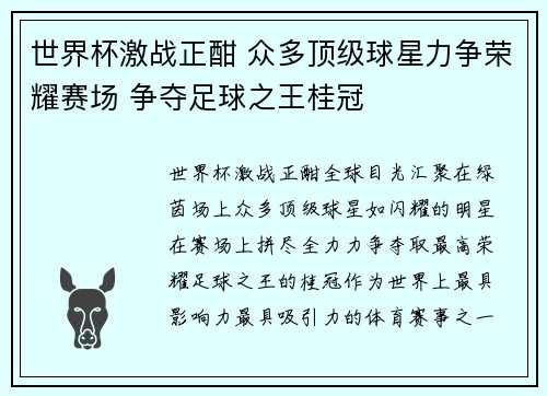 世界杯激战正酣 众多顶级球星力争荣耀赛场 争夺足球之王桂冠
